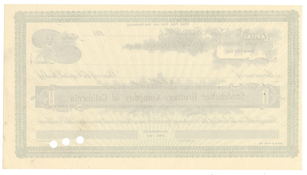 Studebaker Brothers Company of California Stock Certificate