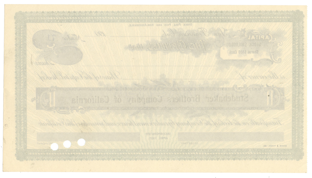 Studebaker Brothers Company of California Stock Certificate