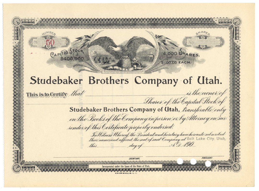 Studebaker Brothers Company of Utah Stock Certificate