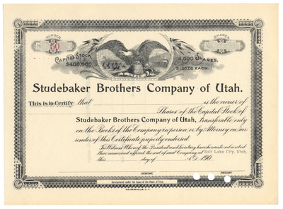 Studebaker Brothers Company of Utah Stock Certificate