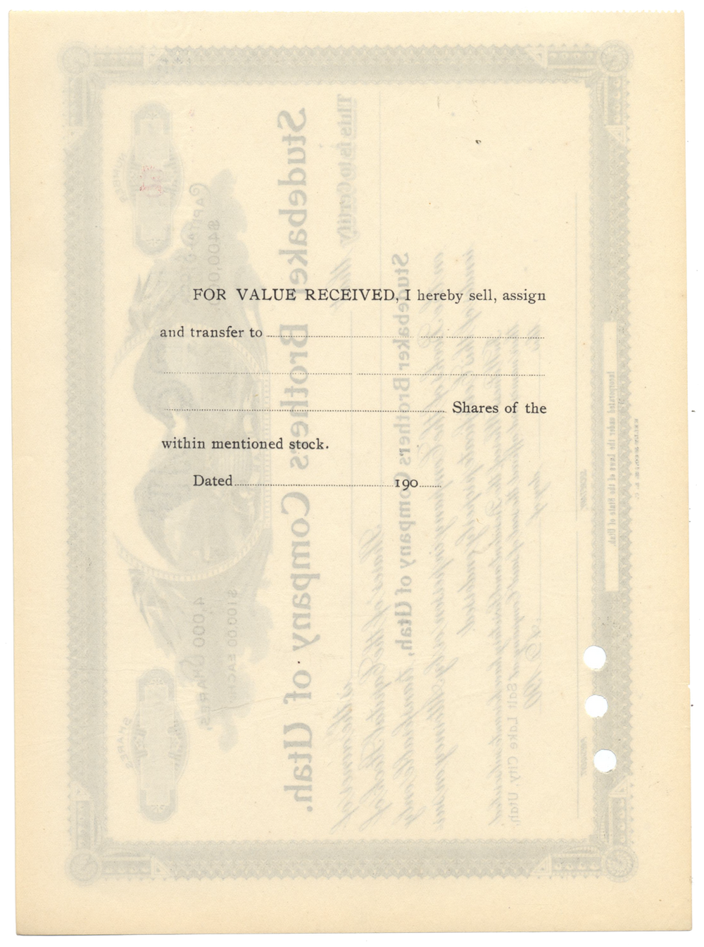 Studebaker Brothers Company of Utah Stock Certificate