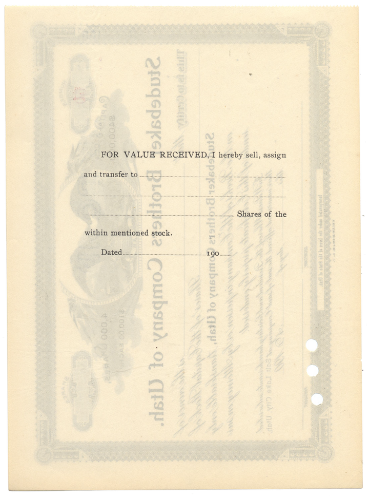 Studebaker Brothers Company of Utah Stock Certificate