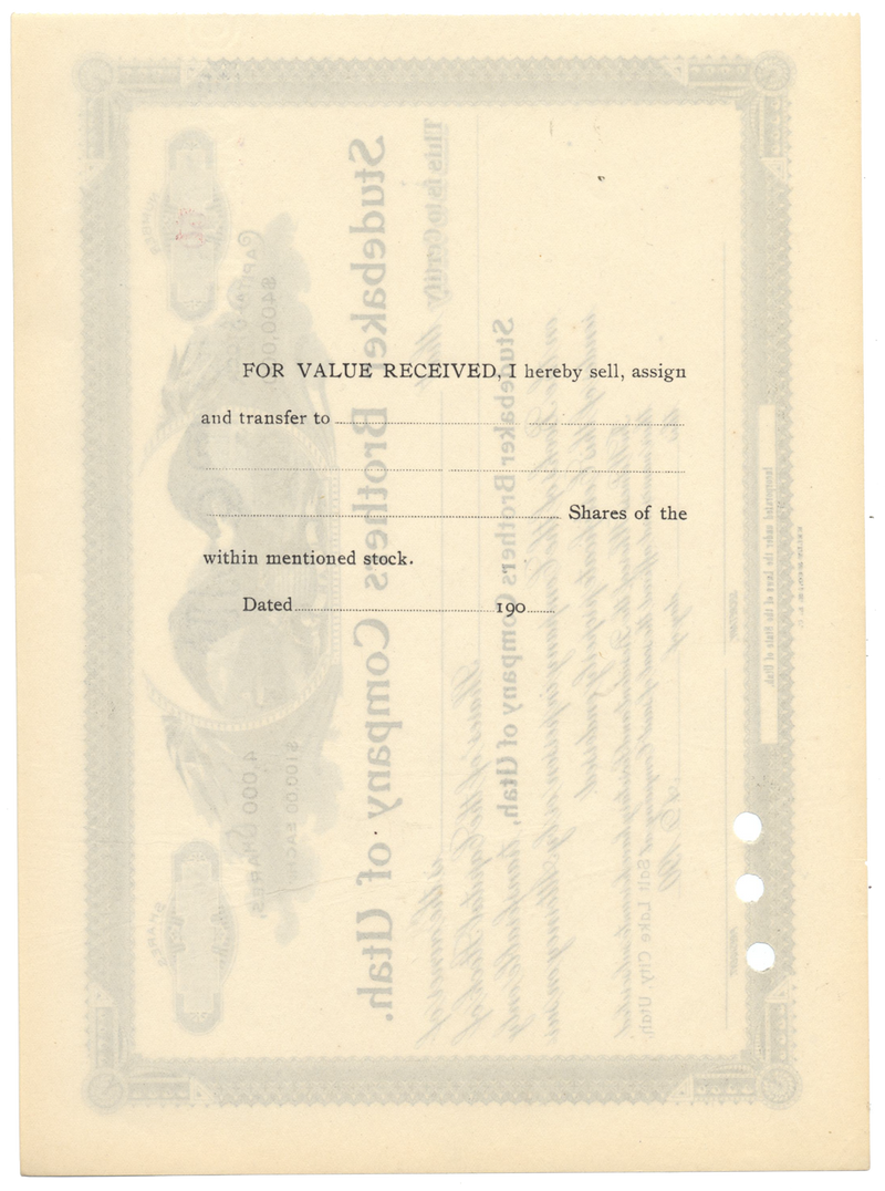 Studebaker Brothers Company of Utah Stock Certificate