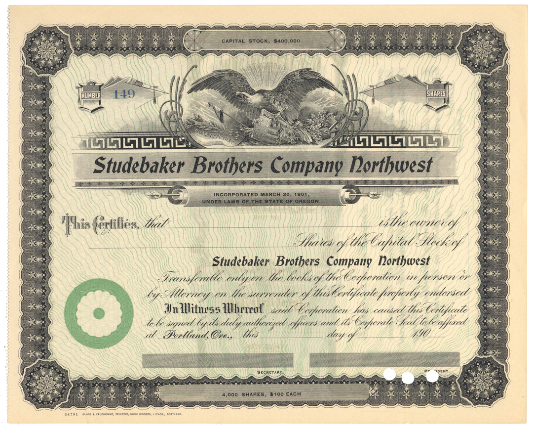 Studebaker Brothers Company Northwest Stock Certificate