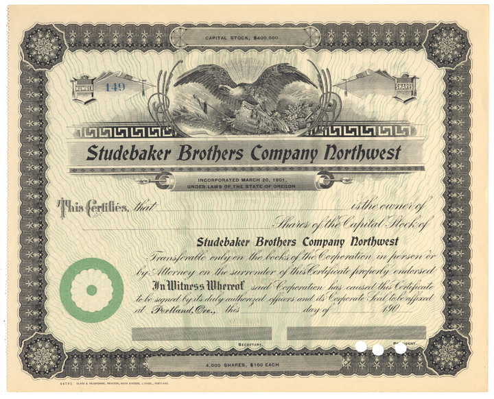 Studebaker Brothers Company Northwest Stock Certificate