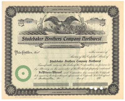 Studebaker Brothers Company Northwest Stock Certificate
