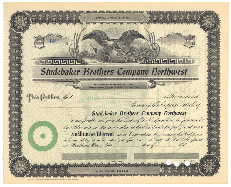 Studebaker Brothers Company Northwest Stock Certificate