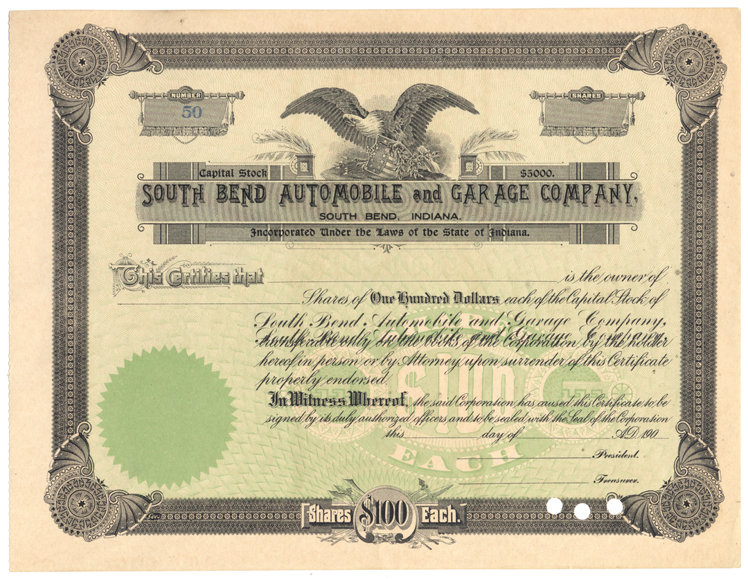 South Bend Automobile and Garage Company Stock Certificate