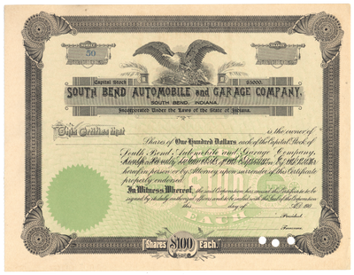 South Bend Automobile and Garage Company Stock Certificate