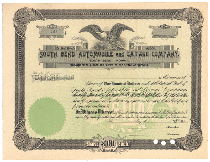 South Bend Automobile and Garage Company Stock Certificate