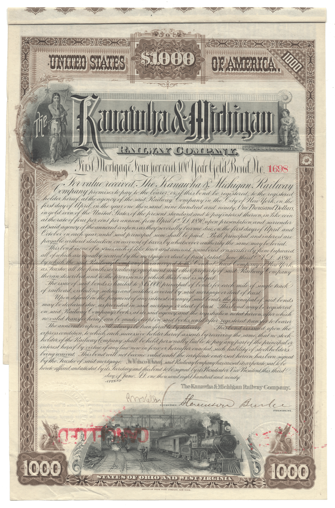 Historical railroad bond certificate for the Kankakee & Michigan Railway Company from 1890
