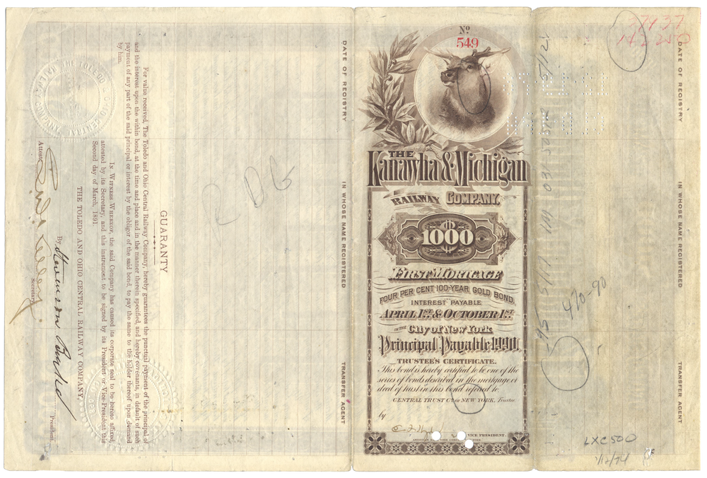 Kanawha & Michigan Railway Company Bond Certificate