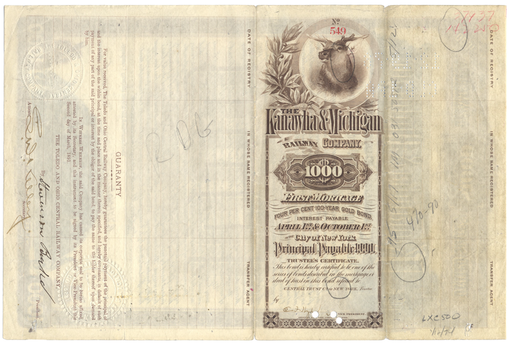 Kanawha & Michigan Railway Company Bond Certificate