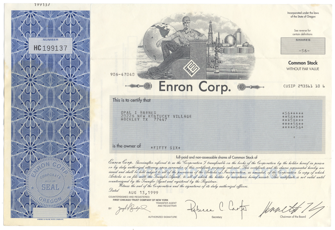 Enron Corp. Stock Certificate