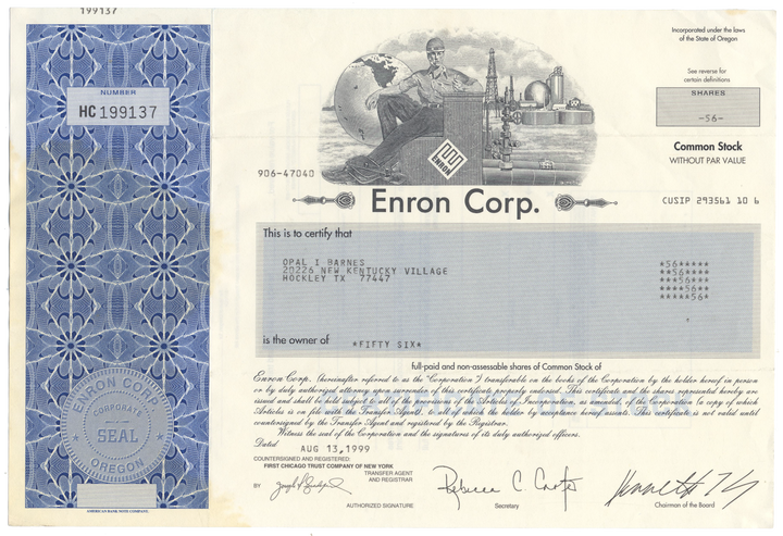 Enron Corp. Stock Certificate