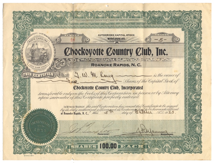 Chockoyotte Country Club, Inc Stock Certificate issued to Thomas Williams Mason Long