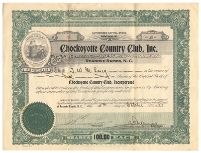 Chockoyotte Country Club, Inc Stock Certificate issued to Thomas Williams Mason Long
