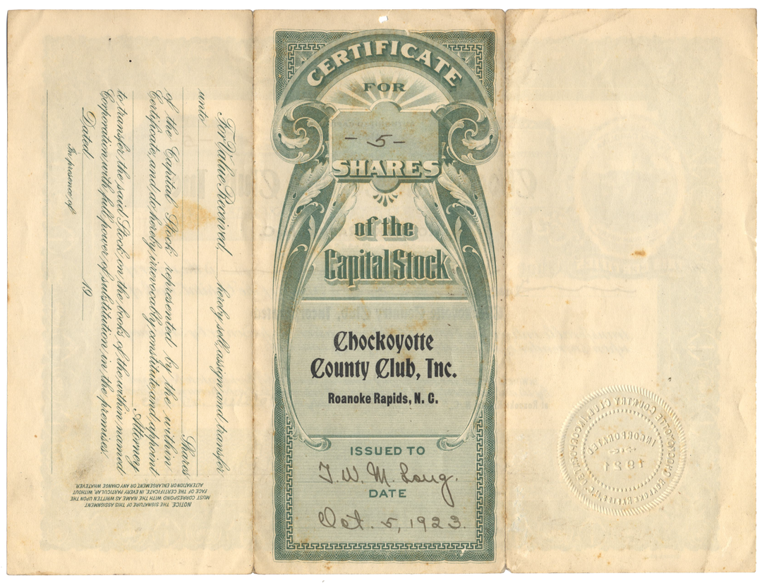 Chockoyotte Country Club, Inc Stock Certificate issued to Thomas Williams Mason Long