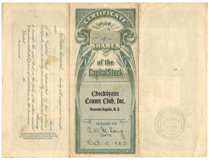 Chockoyotte Country Club, Inc Stock Certificate issued to Thomas Williams Mason Long