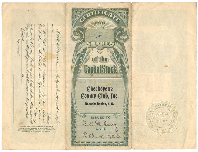 Chockoyotte Country Club, Inc Stock Certificate issued to Thomas Williams Mason Long