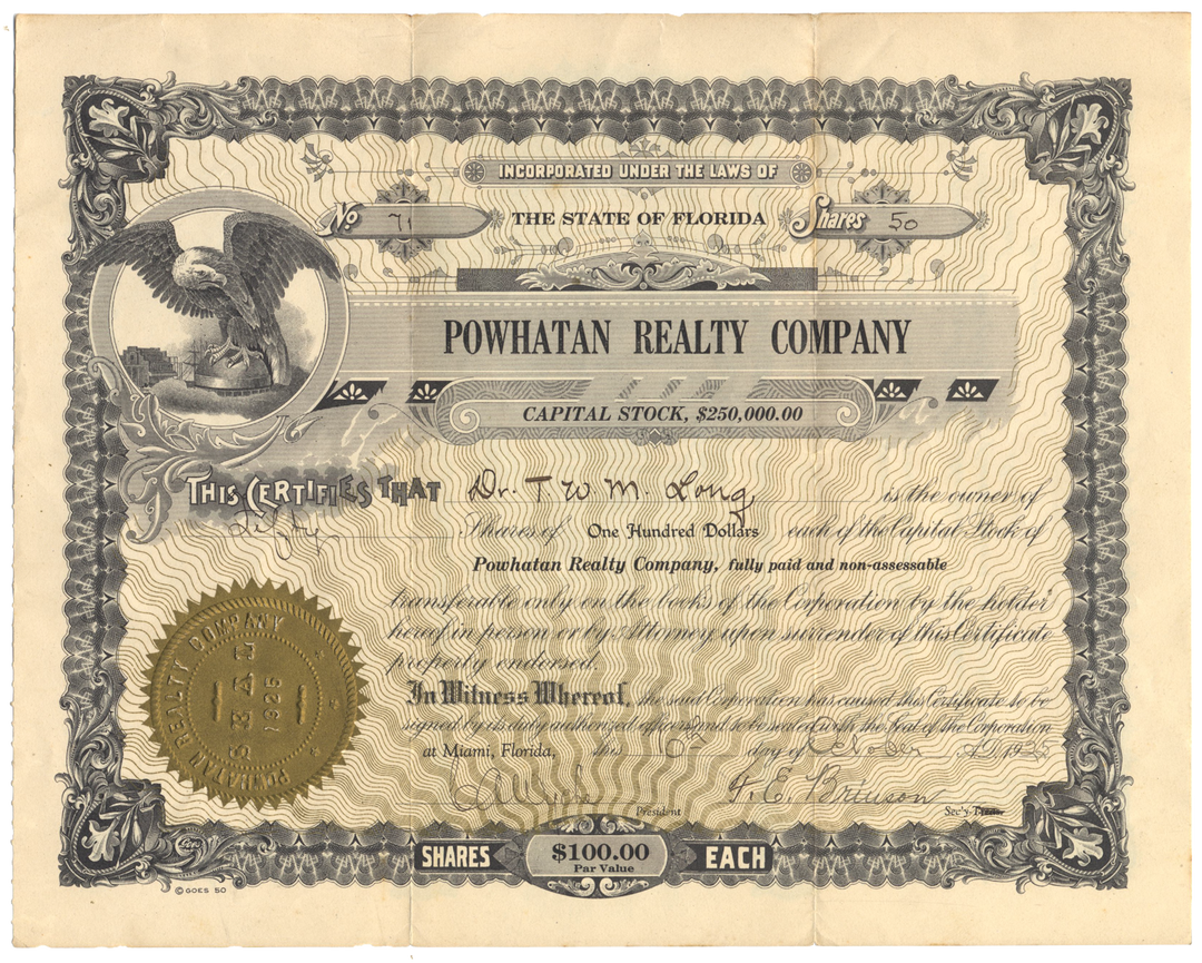 Powhatan Realty Company Stock Certificate issued to Thomas Williams Mason Long