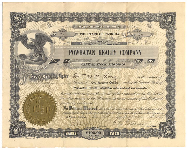 Powhatan Realty Company Stock Certificate issued to Thomas Williams Mason Long