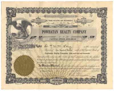 Powhatan Realty Company Stock Certificate issued to Thomas Williams Mason Long