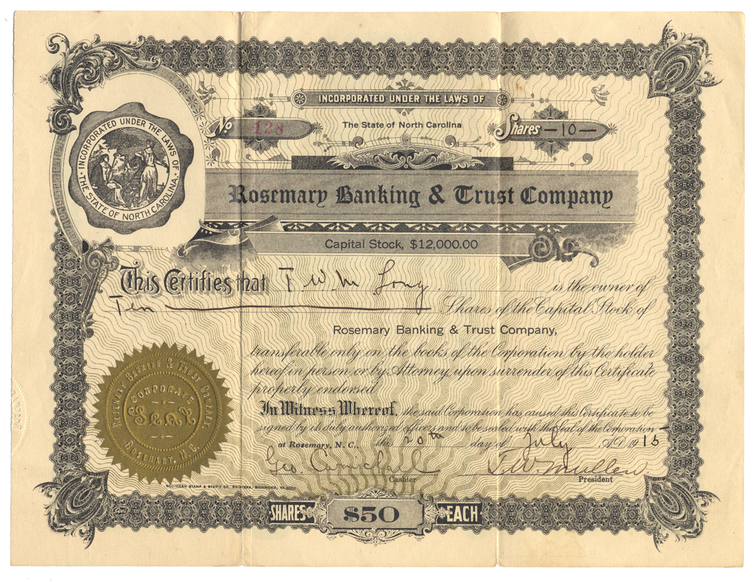 Rosemary Banking & Trust Company Stock Certificate