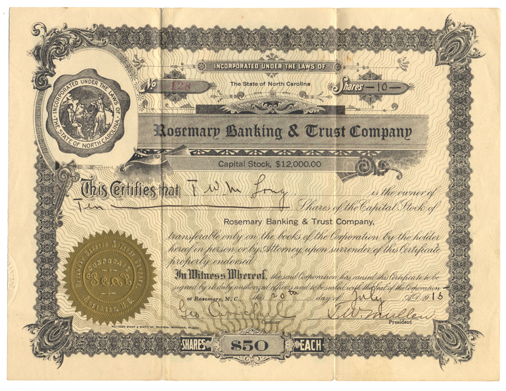 Rosemary Banking & Trust Company Stock Certificate