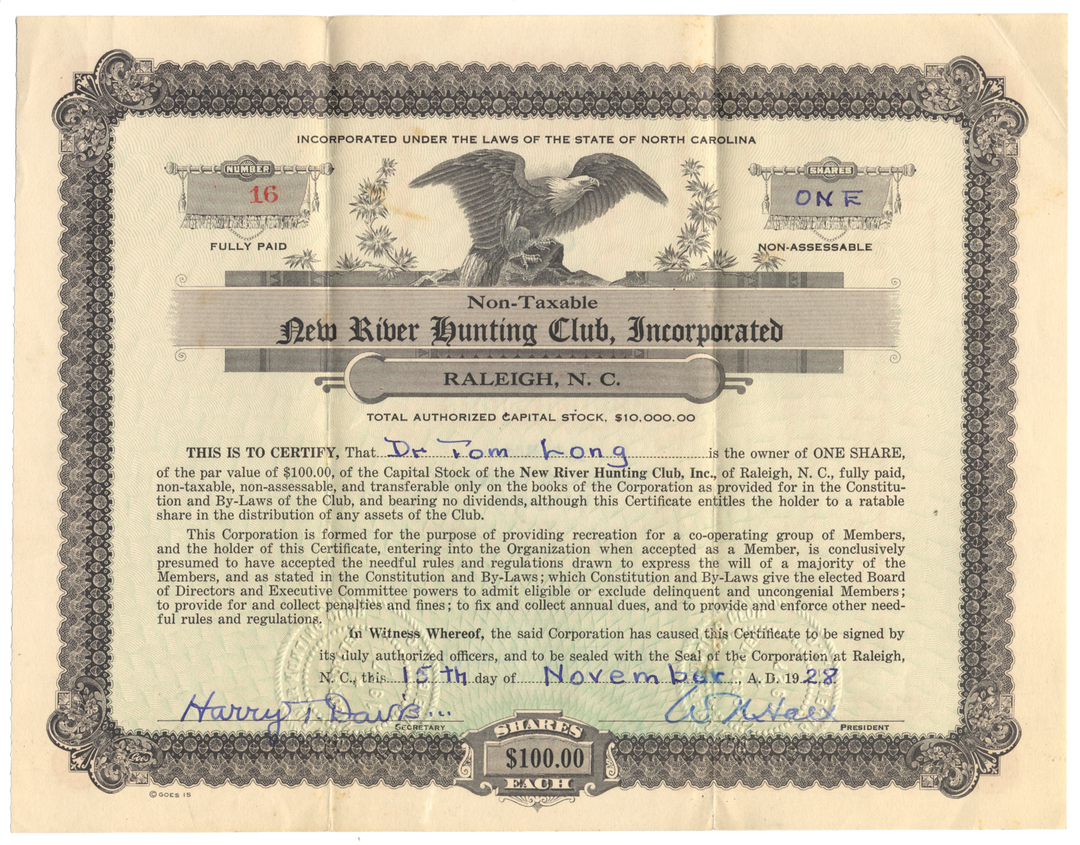 New River Hunting Club, Incorporated Stock Certificate