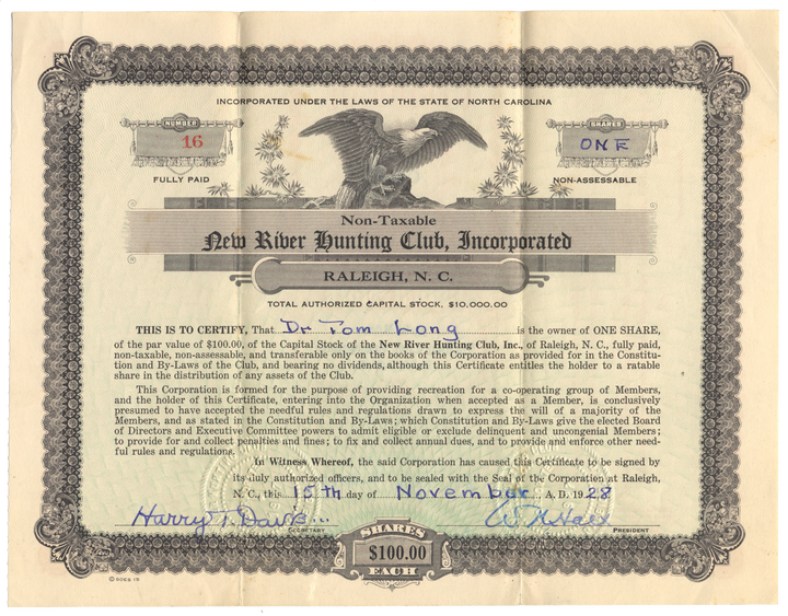 New River Hunting Club, Incorporated Stock Certificate