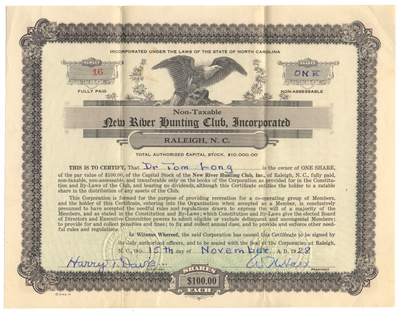 New River Hunting Club, Incorporated Stock Certificate