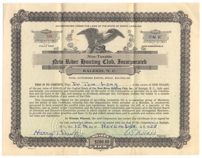 New River Hunting Club, Incorporated Stock Certificate