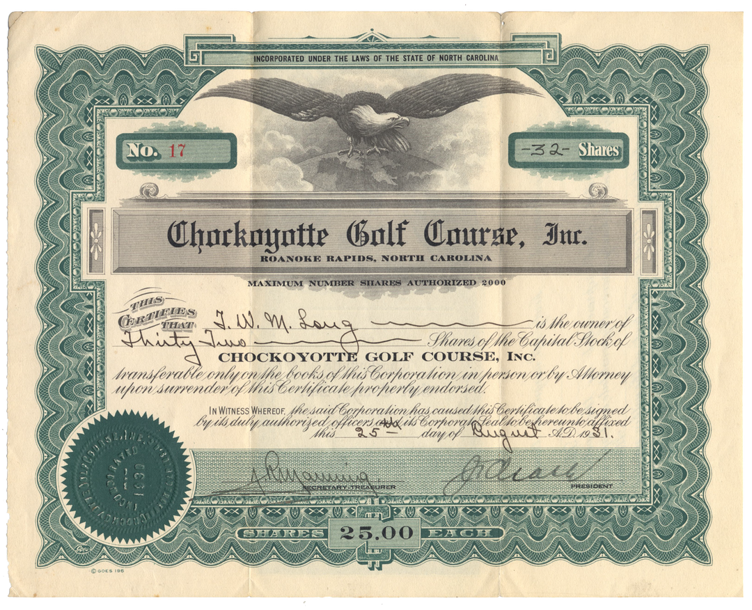 Chockoyotte Golf Course, Inc Stock Certificate