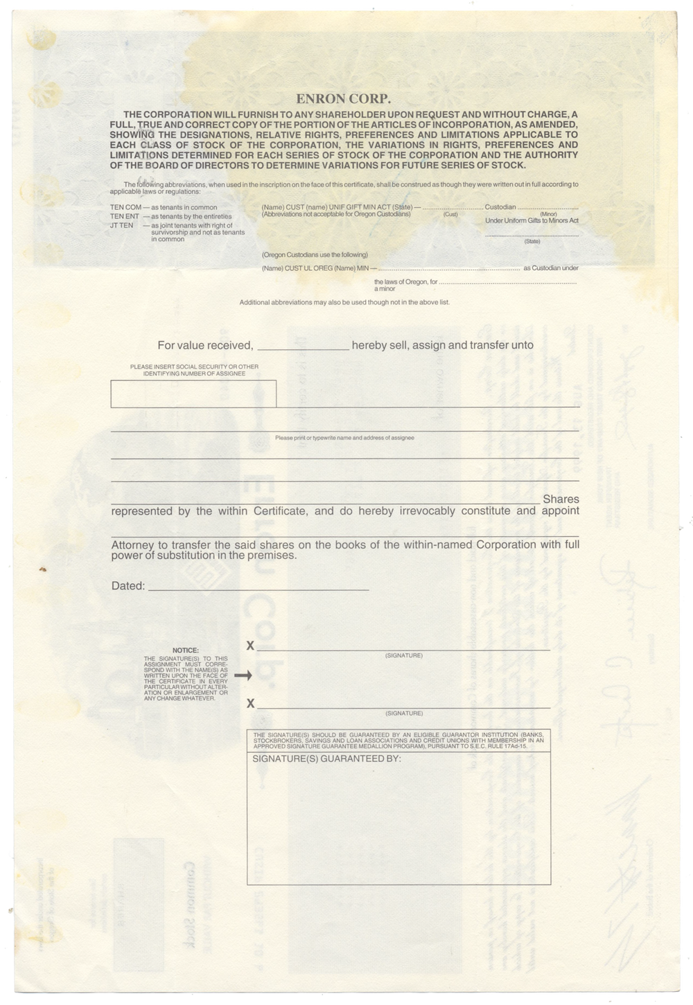 Enron Corp. Stock Certificate