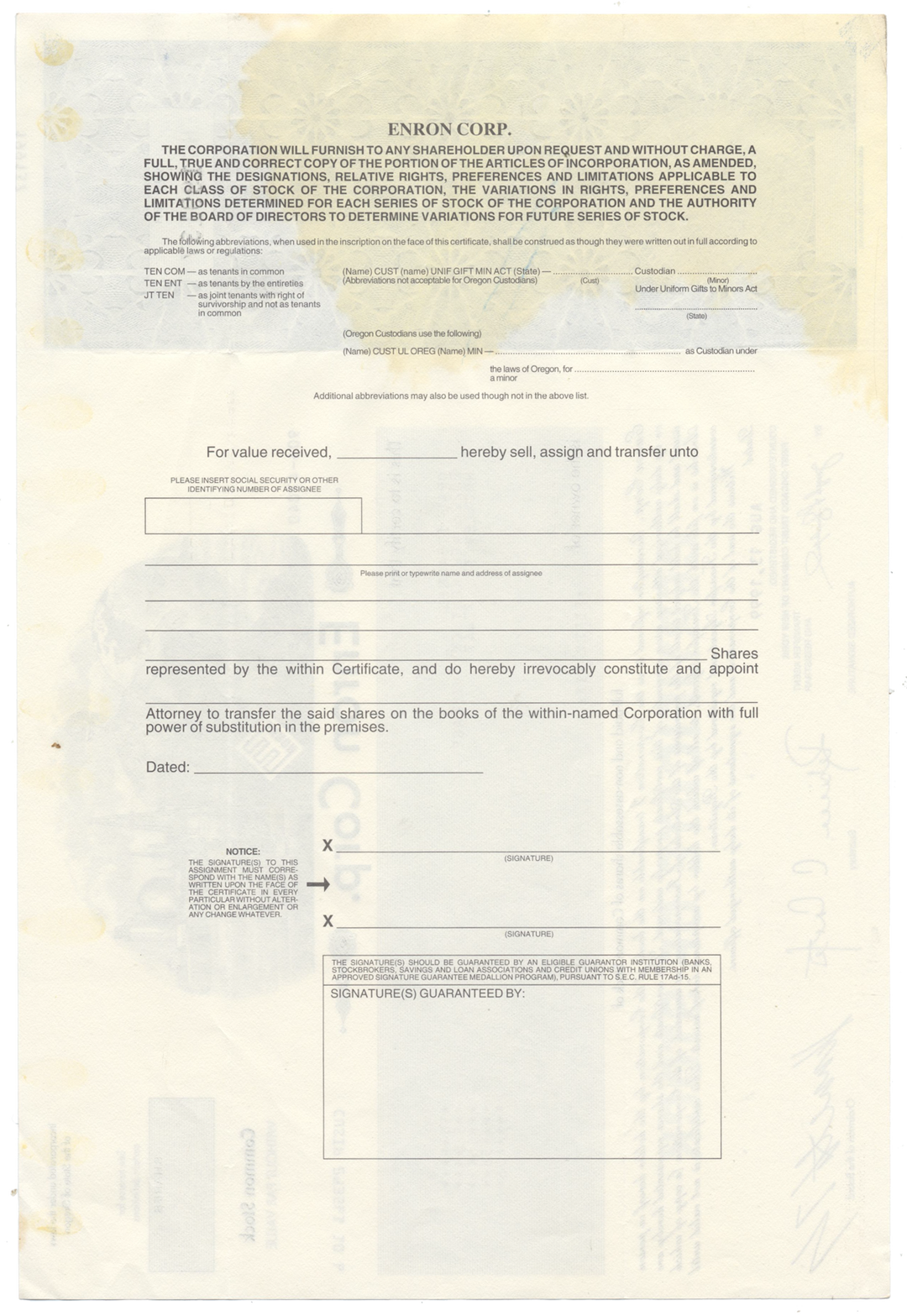 Enron Corp. Stock Certificate