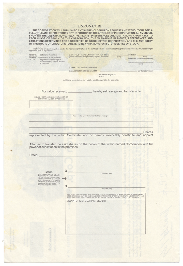 Enron Corp. Stock Certificate