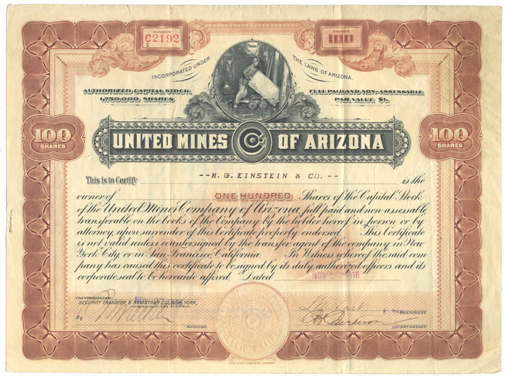 United Mines of Arizona Stock Certificate