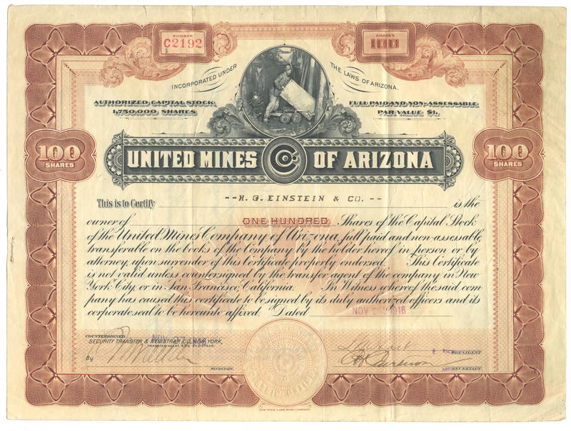 United Mines of Arizona Stock Certificate
