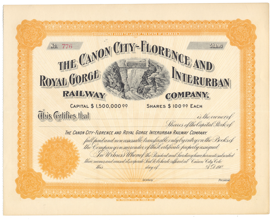 Canon City-Florence and Royal Gorge Interurban Railway Company Stock Certificate