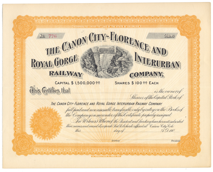 Canon City-Florence and Royal Gorge Interurban Railway Company Stock Certificate