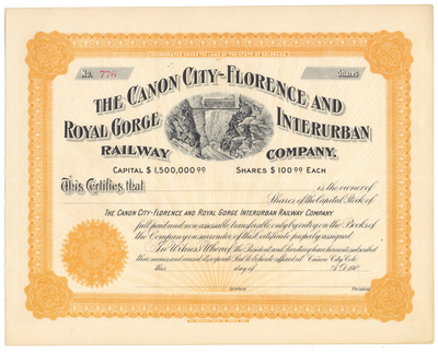 Canon City-Florence and Royal Gorge Interurban Railway Company Stock Certificate