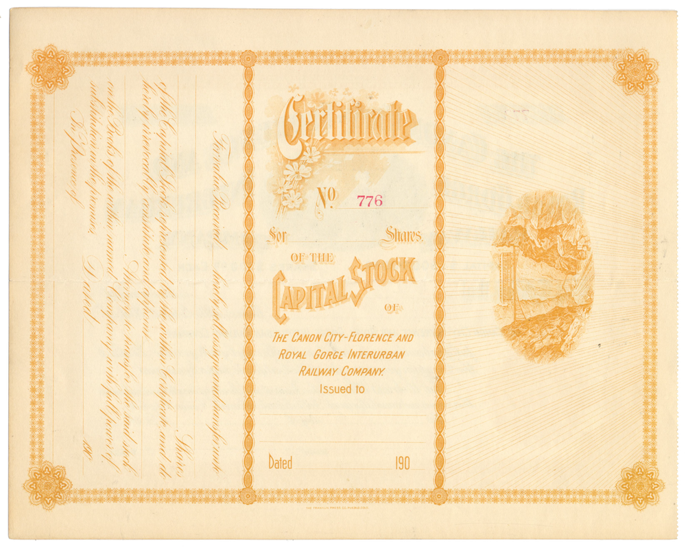 Canon City-Florence and Royal Gorge Interurban Railway Company Stock Certificate