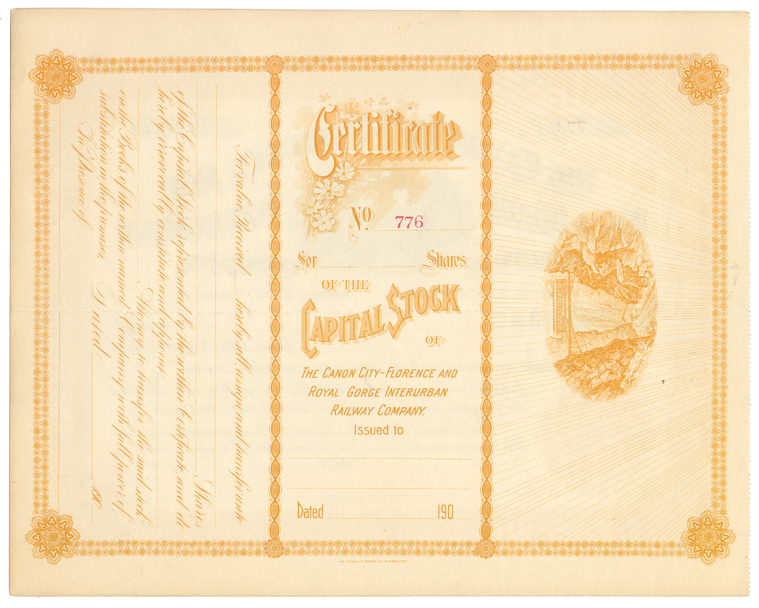 Canon City-Florence and Royal Gorge Interurban Railway Company Stock Certificate