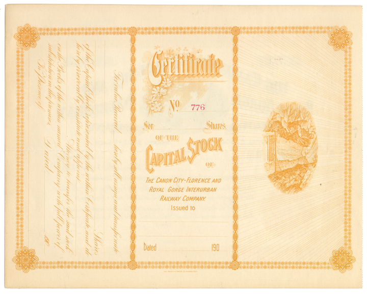 Canon City-Florence and Royal Gorge Interurban Railway Company Stock Certificate