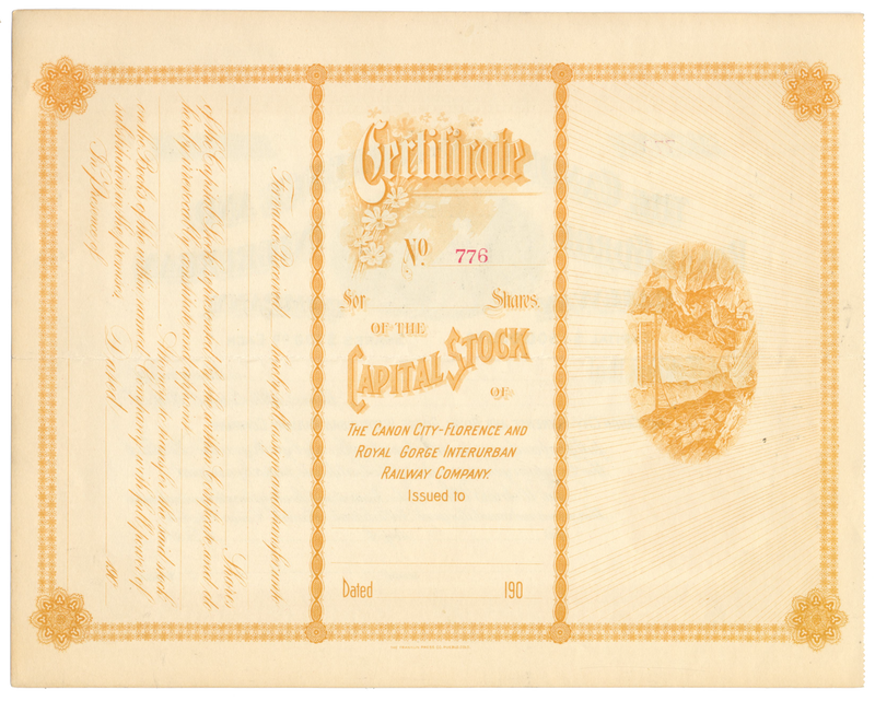 Canon City-Florence and Royal Gorge Interurban Railway Company Stock Certificate