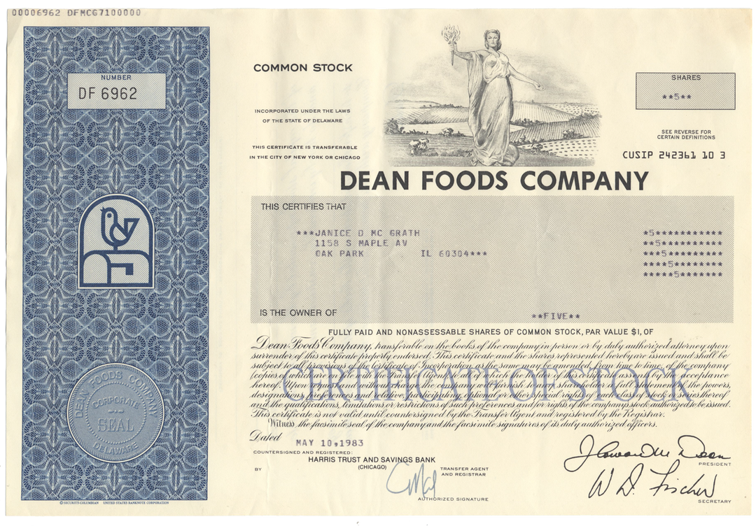 Dean Foods Company Stock Certificate