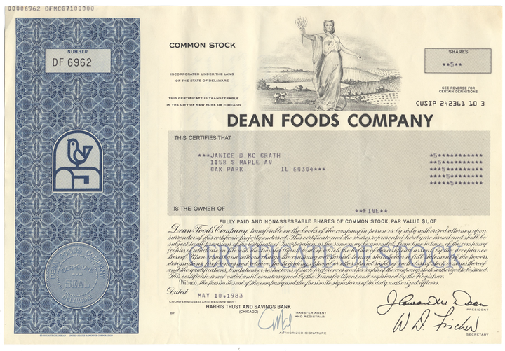 Dean Foods Company Stock Certificate