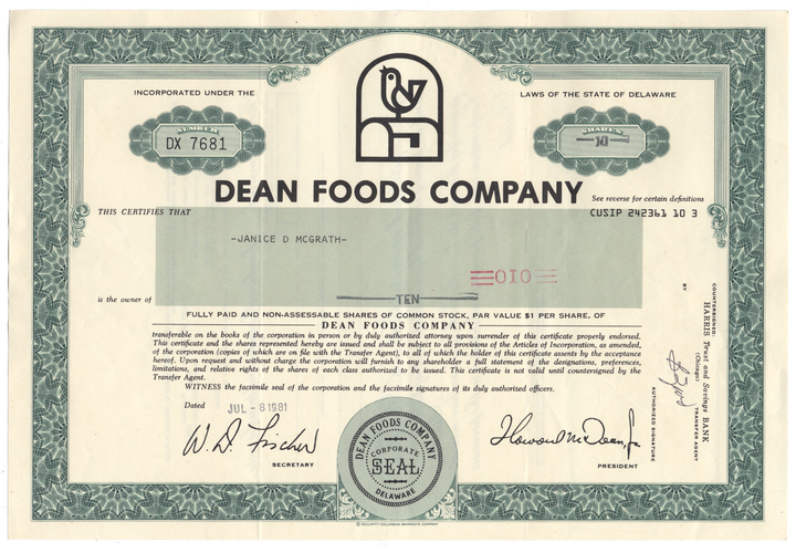 Dean Foods Company Stock Certificate