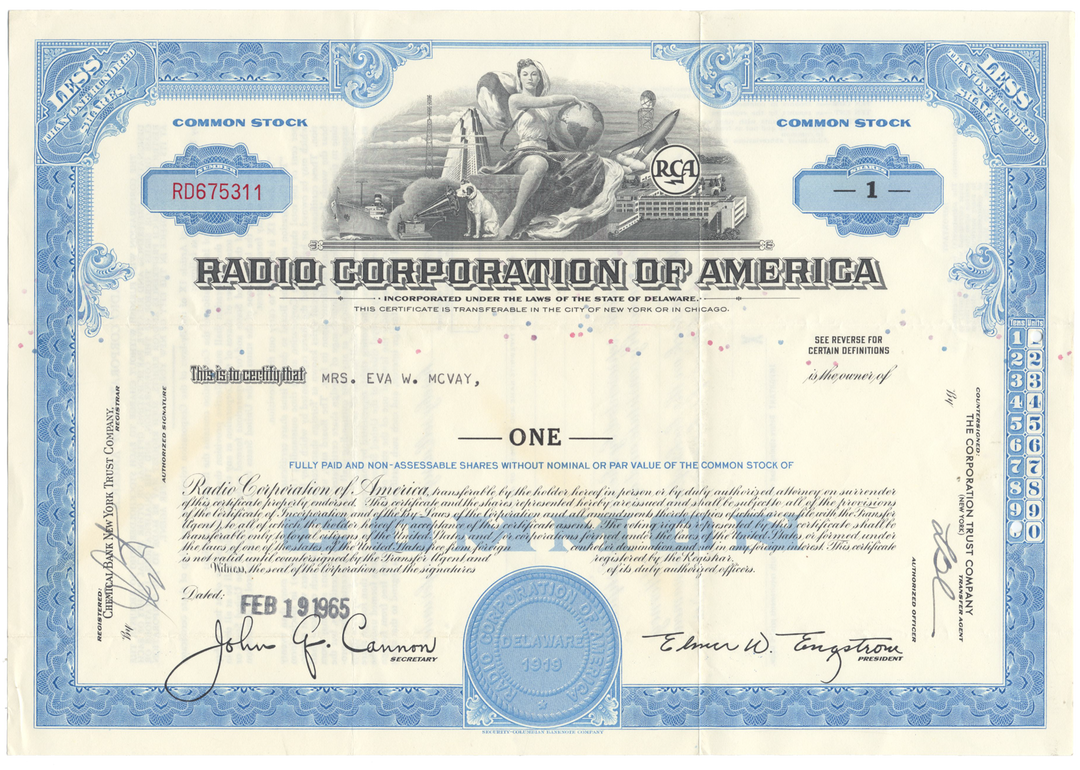 Radio Corporation of America (RCA) Stock Certificate